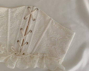 Korsett im Vintage Stil Elegantes Unterbrust Spitzenkorsett Edwardian Handarbeit Hochzeit weißes Unterkleid Flitterwochen Ivory Korsett Gürtel
