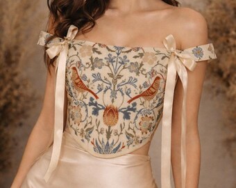Boned Corset Top, Tapestry Bustier, Off Shoulder Romantic Top, Cottagecore Outfit, Gift for Her