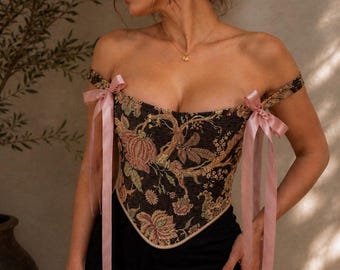 Floral Tapestry Corset, Renaissance Fairycore Bodice, Victorian Style Stay, Boned Top
