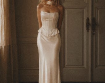 Classical satin wedding dress, Ivory bridal corset top with skirt, Custom made wedding gown
