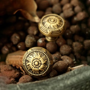May include: Two antique brass cabinet knobs with a floral design. The knobs are round with a detailed pattern of leaves and dots around the edge. The knobs are set against a background of small, dark brown stones.