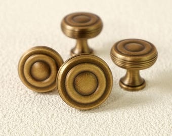 Vintage Aged Brass Cabinet Knob | Stepped Round Drawer Knob with Concentric Rings | Classic Solid Brass Furniture Hardware