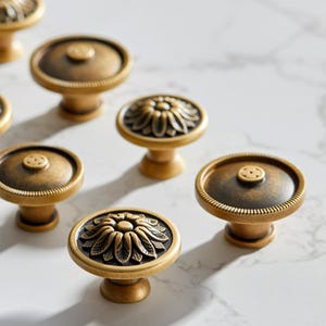 Floral Aged Brass Cabinet Knobs, Antique Dresser Knobs, Art Nouveau Solid Brass Drawer Knobs, Antique Gold Knobs, Old Brass Cabinet Hardware