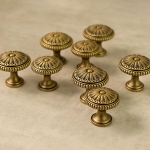 Könnte beinhalten: Eine Sammlung von acht antiken Messing-Schrankknöpfen. Jeder Knopf hat ein detailliertes Blumendesign auf der Oberseite und einen abgerundeten Sockel. Die Knöpfe sind auf einer neutralen Oberfläche angeordnet.