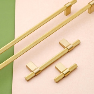 Gold Knurled Brass Cabinet Knobs And Pulls Minimalist | Modern Kitchen Cabinet Hardware | Brass Drawer Handles | Furniture Handles