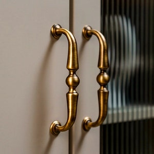 Curved Antique Brass Handles | Aged Brass Kitchen Pulls | Vintage Brass Handles | Antique Cabinet Pulls | Brass Kitchen Hardware