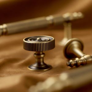 May include: Close-up of antique brass cabinet hardware. The central knob features a circular design with a ridged edge and a small, rounded top. Other hardware pieces, including a handle, are visible in the background, all with a similar aged brass finish.