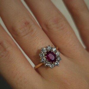18K Gold Ruby Diamond Ring, Oval Ruby Halo Ring, 18K Yellow Gold Ring, Ruby Cocktail Ring, Diamond Halo Ring, Size 7