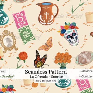 Hand-Drawn Dia de los Muertos Altar Pattern, Watercolor Ofrenda Design (Digital Download)