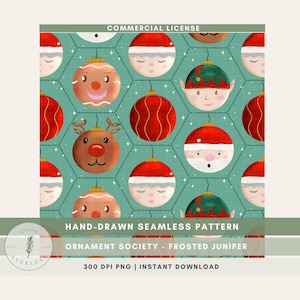 May include: A seamless digital pattern featuring a teal background with a hexagonal grid containing various Christmas ornaments, including reindeer, elves, Santa Claus, and red baubles with white stars, labeled Commercial License and Ornament Society.