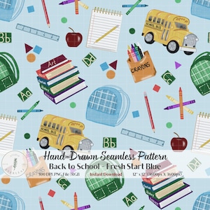 May include: A seamless pattern on a light blue grid background featuring illustrations of yellow school buses, stacks of books labeled Art, Math, English, and Science, red apples, blue backpacks, rulers, crayons in holders, and alphabet letter blocks.
