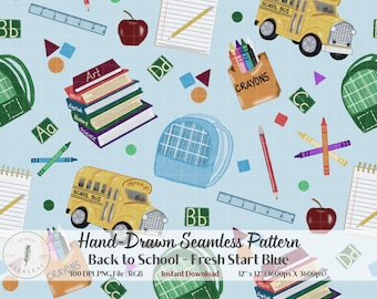 Kids Back to School Seamless Pattern — Blue Backpack Fabric Print | Digital Paper for POD, Sublimation & Fabric, Retro Back to School