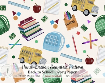 Kids School Seamless Pattern | Neutral Backpack Fabric Print | Back to School Digital Paper | Gender Neutral School PNG | Commercial Use