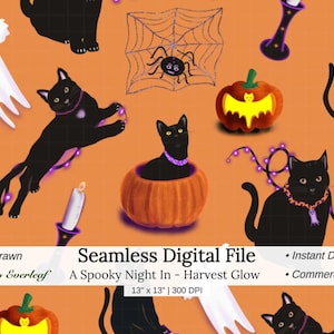 May include: A seamless digital pattern on an orange background featuring black cats, white ghosts, spider webs, pumpkins, and stacks of books. Text reads: Hand-drawn, Seamless Digital File, A Spooky Night In - Harvest Glow, 13" x 13" | 300 DPI.