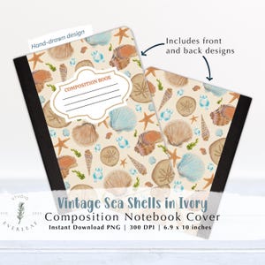 May include: A composition notebook cover with a vintage sea shell design in ivory. The cover features a pattern of seashells, starfish, and sea bubbles in shades of beige, blue, and orange. The notebook measures 6.9 x 10 inches.
