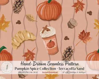 Autumn Seamless Pattern PNG | Pumpkin Spice Watercolor Art | Terracotta Fall Color | Pumpkin Spice Latte Maple Leaf | Cozy Autumn Fabric POD