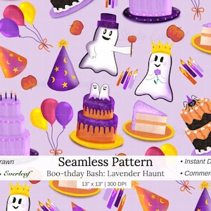Halloween Birthday Seamless Pattern, Lavender Ghost Party PNG, 13 Inch Digital Paper