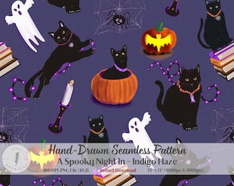 Halloween Seamless Pattern PNG | Black Cat Pumpkin Ghost Fabric Print | Spooky Night In | Indigo Haze Purple | Sublimation Digital Paper