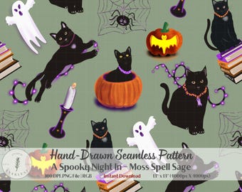 Halloween Seamless Pattern PNG | Black Cat Pumpkin Ghost Fabric Print | Spooky Night In | Moss Spell Sage | Sublimation Digital Paper