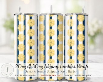 Lemon Tumbler Wrap PNG | Seaside Lemon Stripes | Navy Blue | 20oz 30oz Skinny Sublimation | Citrus Stripe Nautical Tumbler Design