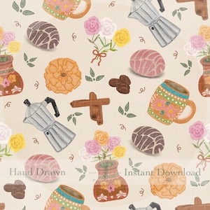 May include: A seamless pattern featuring hand-drawn illustrations of coffee-related items. The design includes coffee makers, mugs, flowers, pastries, and coffee beans in a warm color palette. The words "Hand Drawn" and "Instant Download" are visible.
