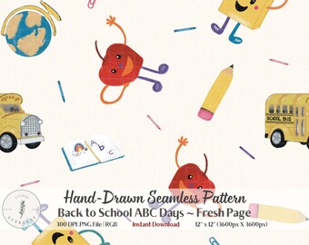 Patrón sin costuras para la vuelta al cole PNG / Arte infantil caprichoso de ABC Days / Autobús escolar de manzanas y crayones / Impresión bajo demanda de telas infantiles / Marfil