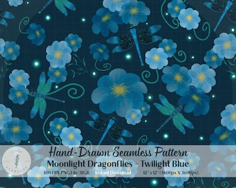 Dragonfly Seamless Pattern PNG | Moonlight Dragonflies | Blue Floral Botanical Fabric Print | Enchanted Garden Digital Paper | POD design