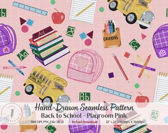 Kids School Seamless Pattern | Pink Backpack Fabric Print | Retro Back to School Digital Paper | Girls School Supply PNG | Commercial Use
