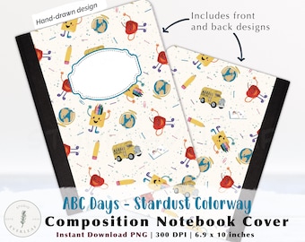 Portada de cuaderno ABC Days PNG / Portada de cuaderno escolar infantil 6.9x10 / Estampado de crayones de manzana caprichosos / Polvo de estrellas / Papelería imprimible