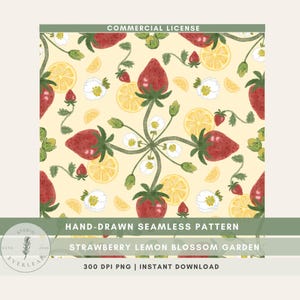 Strawberry Lemon Pattern Seamless Design, Hand-Drawn Fruit Digital Paper, 12" x 12" Download