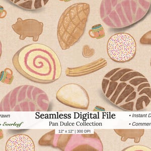 May include: A seamless digital pattern featuring hand-drawn illustrations of Mexican sweet breads including conchas, churros, and pig-shaped cookies, interspersed with small colorful mugs on a beige background. Text reads Seamless Digital File.