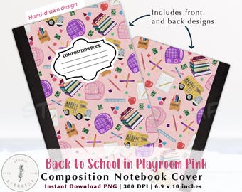 Printable Composition Notebook Cover | Back to School Digital Download | Pink School Supply Pattern | 6.9x10 PNG Instant Download
