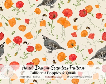 California Poppy Quail Seamless Pattern | Wildflower Bird Fabric Print | Botanical Bee Digital Paper | Cottagecore Nature PNG