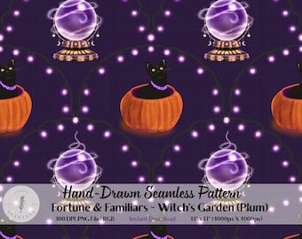 Halloween Seamless Pattern PNG | Fortune & Familiars | Deep Plum Color | Crystal Ball Black Cat Scallop | Purple Halloween Fabric POD