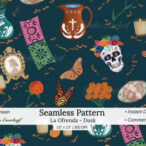 Hand-Drawn Dia de los Muertos Altar Pattern, Watercolor Ofrenda Design (Digital Download)