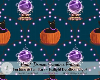 Halloween Seamless Pattern PNG | Fortune & Familiars | Indigo Blue | Crystal Ball Black Cat Scallop | Teal Halloween Fabric POD | Black Cats