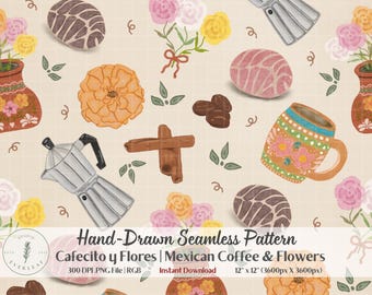 Cafecito Seamless Pattern PNG | Mexican Coffee Kitchen Fabric | Cafetera Concha Folk Art Digital Paper | Latina Kitchen Art | POD design