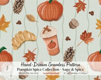 Autumn Seamless Pattern PNG | Pumpkin Spice Watercolor Art | Sage Green Color | Pumpkin Spice Latte Maple Leaf | Cozy Autumn Fabric POD