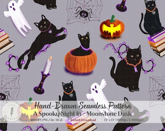 Halloween Seamless Pattern PNG | Black Cat Pumpkin Ghost Fabric Print | Spooky Night In | Moonstone Dusk | Sublimation Digital Paper