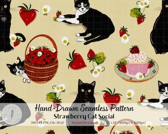 Strawberry Cat Seamless Pattern | Black Cat Cupcake Cottagecore Digital Paper | Whimsical Cat Fabric Print | Summer PNG | POD