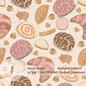 May include: A seamless pattern featuring hand-drawn illustrations of various baked goods, including conchas, cookies, and pastries, in shades of brown, pink, and beige. The design also includes small mugs and heart-shaped cookies. The text "Hand-Drawn" and "Seamless pattern" is visible.