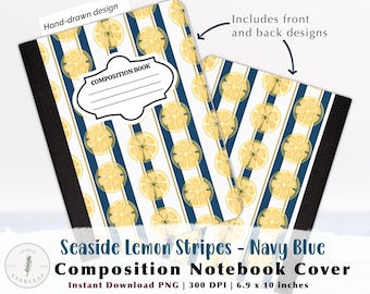 Printable Composition Notebook Cover | Nautical Lemon Stripes Navy | Citrus Stripe Digital Download | 6.9x10 PNG Instant Download