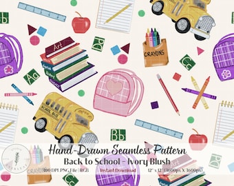 Kids Back to School Seamless Pattern — Ivory Blush, Backpack Fabric Print, Digital Paper for POD, Sublimation & Fabric, Retro Back to School