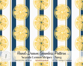 Lemon Stripe Seamless Pattern | Seaside Lemon Stripes | Navy Coastal Kitchen Fabric | Citrus Digital Paper | Summer POD | Amalfi