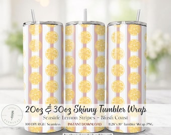 Lemon Tumbler Wrap PNG | Seaside Lemon Stripes | Blush Coast | 20oz 30oz Skinny Sublimation | Citrus Stripe Summer Tumbler Design | Pink