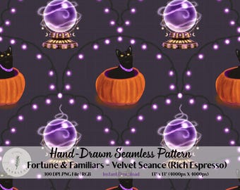 Halloween Seamless Pattern PNG | Fortune & Familiars | Aubergine | Crystal Ball Black Cat Scallop | Dark Luxury Halloween Fabric Design