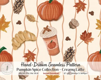 Autumn Seamless Pattern PNG | Pumpkin Spice Collection | Warm Ivory Color | Pumpkin Spice Latte Maple Leaf | Cozy Autumn Fabric POD