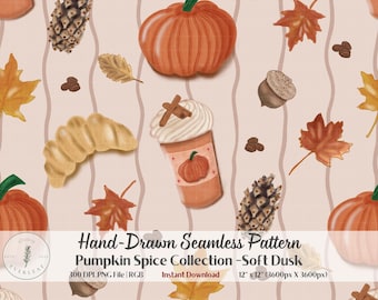 Autumn Seamless Pattern PNG | Pumpkin Spice Watercolor Art | Dusty Rose Color | Pumpkin Spice Latte Maple Leaf | Cozy Autumn Fabric POD