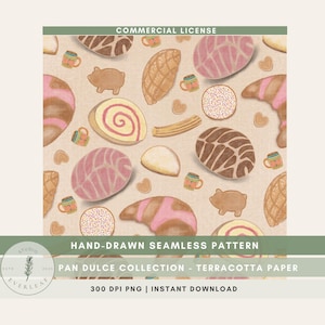 Wzór Pan Dulce, bezszwowy papier cyfrowy z meksykańskim słodkim chlebem w kolorze terakotowym