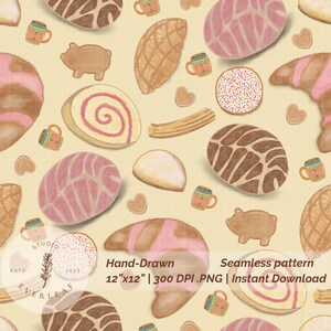 May include: A seamless pattern featuring various baked goods, including conchas, croissants, and cookies, in shades of brown, pink, and white. The design also includes small mugs and heart-shaped cookies, all set against a light yellow background.